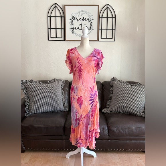 Vintage PHOOL Bright & Colorful Floral Dress Ruffle Asymmetrical Hem Rare 90s - Picture 2 of 15